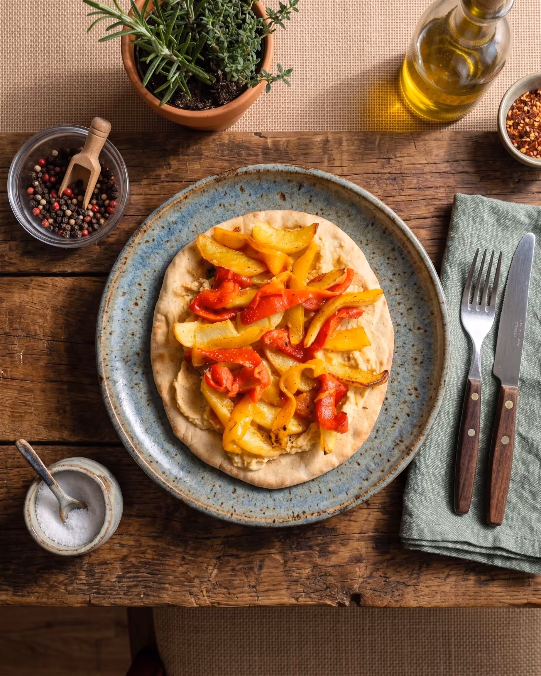 Fornarina vegetariana con Hummus di Ceci, Patate Arrosto e Peperoni Grigliati
