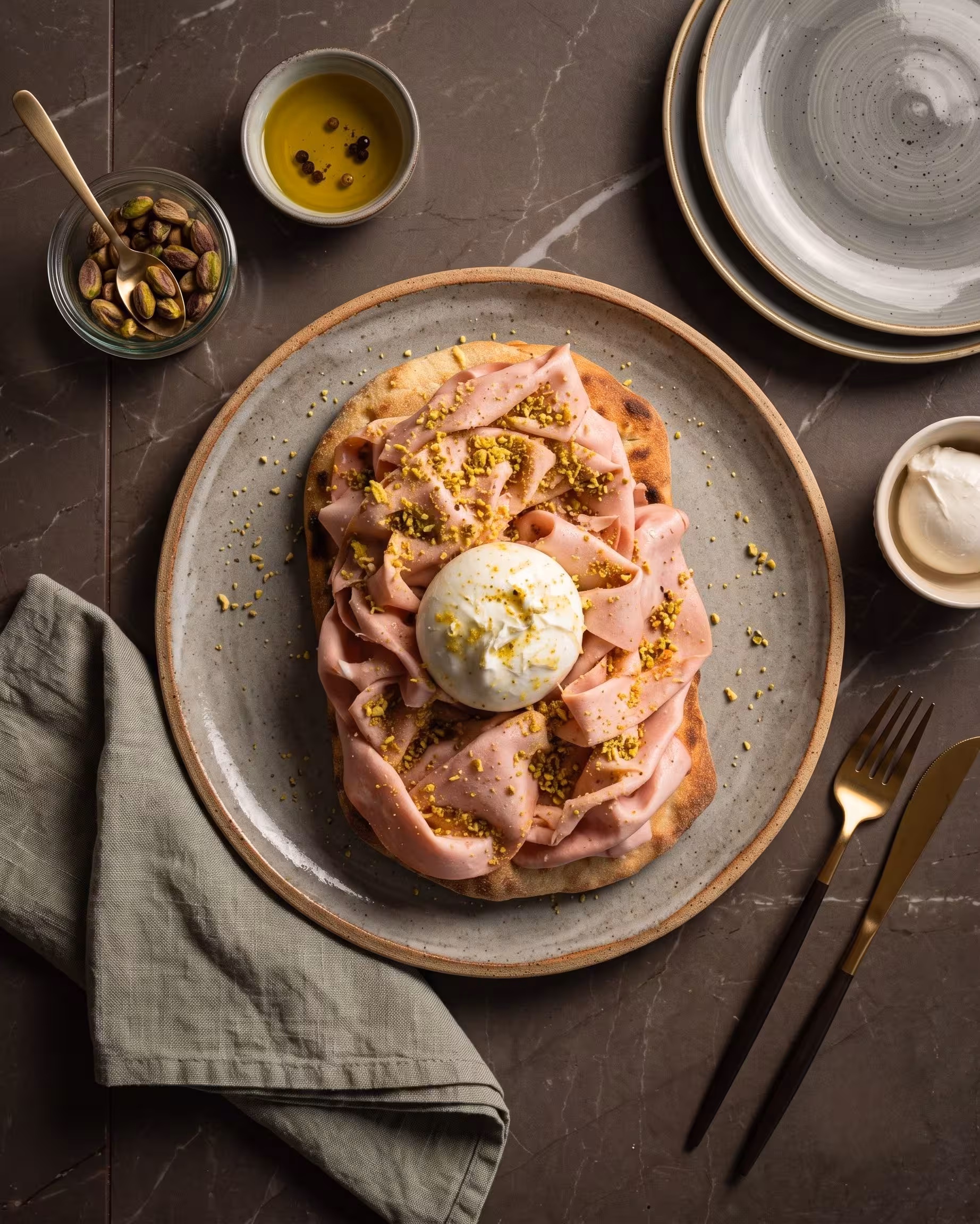 Pinsa con mortadella, burrata di Andria IGP, granella di pistacchio e scorza di limone