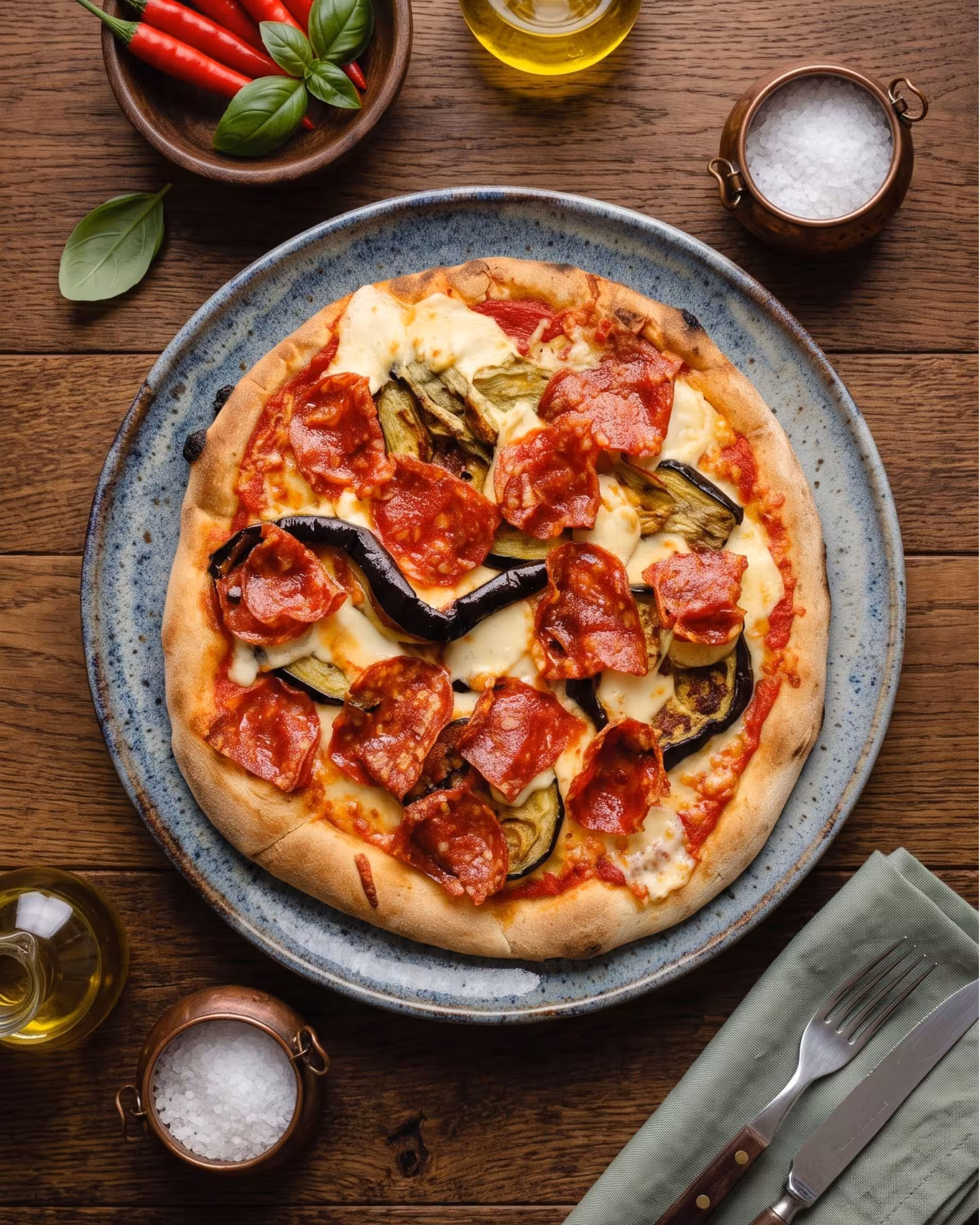 Pizza con salsa di pomodoro fresco, mozzarella di bufala campana DOP, melanzane grigliate, scamorza affumicata e salame piccante