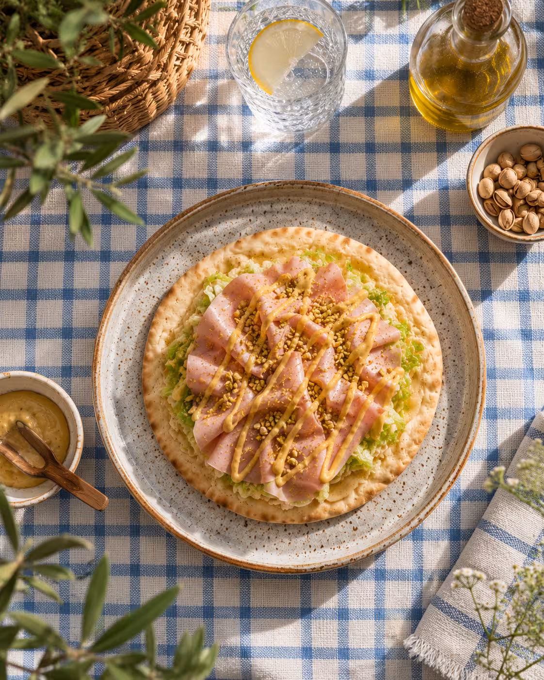 Fornarina alla Romagnola con mortadella, senape, lattuga e olio al pistacchio