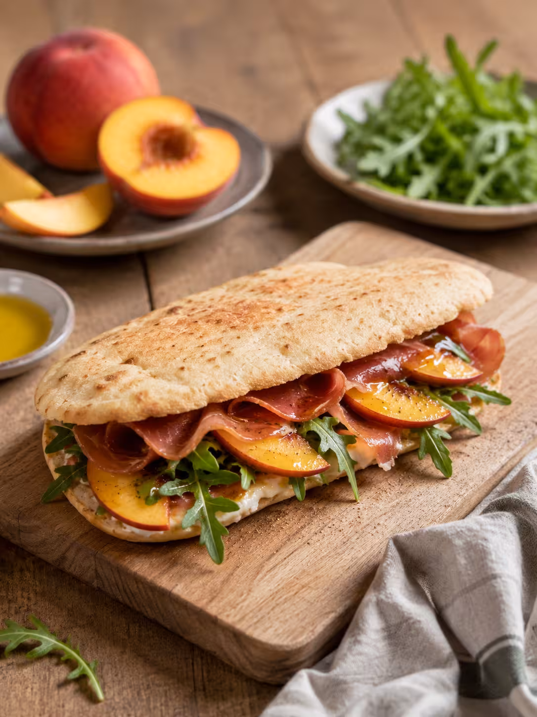 Saltimbocca con prosciutto crudo, rucola, e pesche al limone